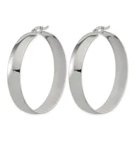 A pair of polished silver-toned hoop earrings with a wide, flat band and hinged posts, displayed against a white background.