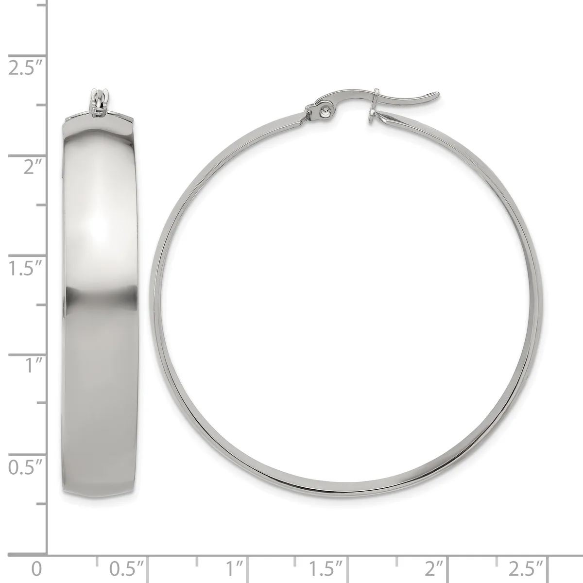 A pair of polished silver hoop earrings shown from front and side views with a measurement scale indicating approximately one inch in diameter and one-quarter inch in width.