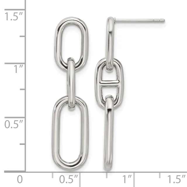 Two silver-toned chain link earrings with oval-shaped links displayed next to a ruler showing measurements up to 1.5 inches.