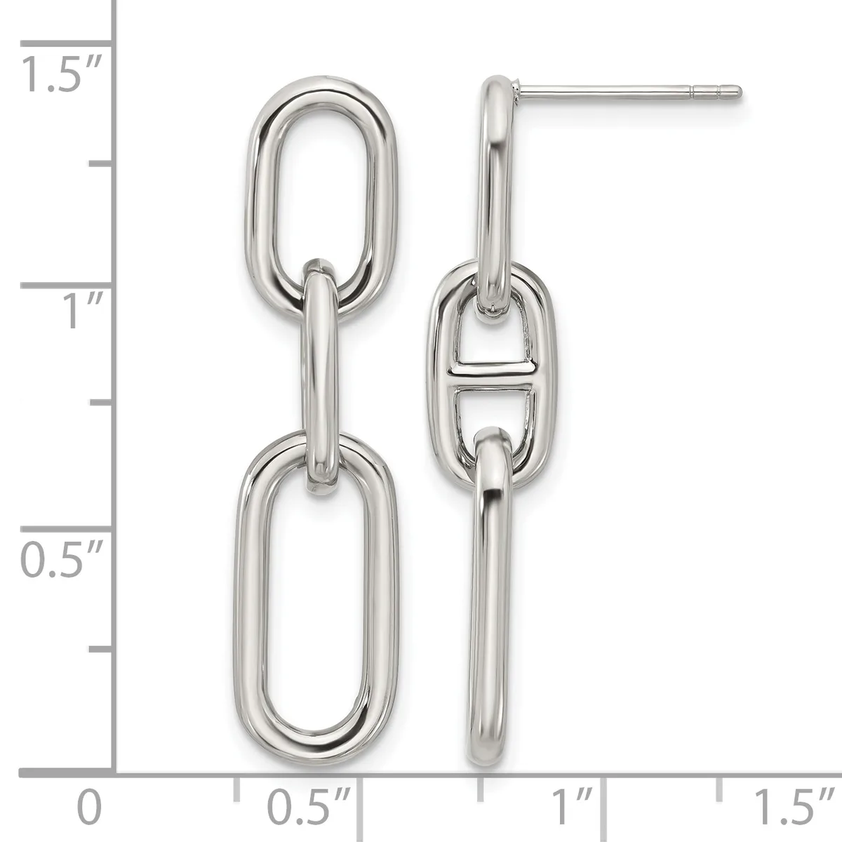 Two silver-toned chain link earrings with oval-shaped links displayed next to a ruler showing measurements up to 1.5 inches.