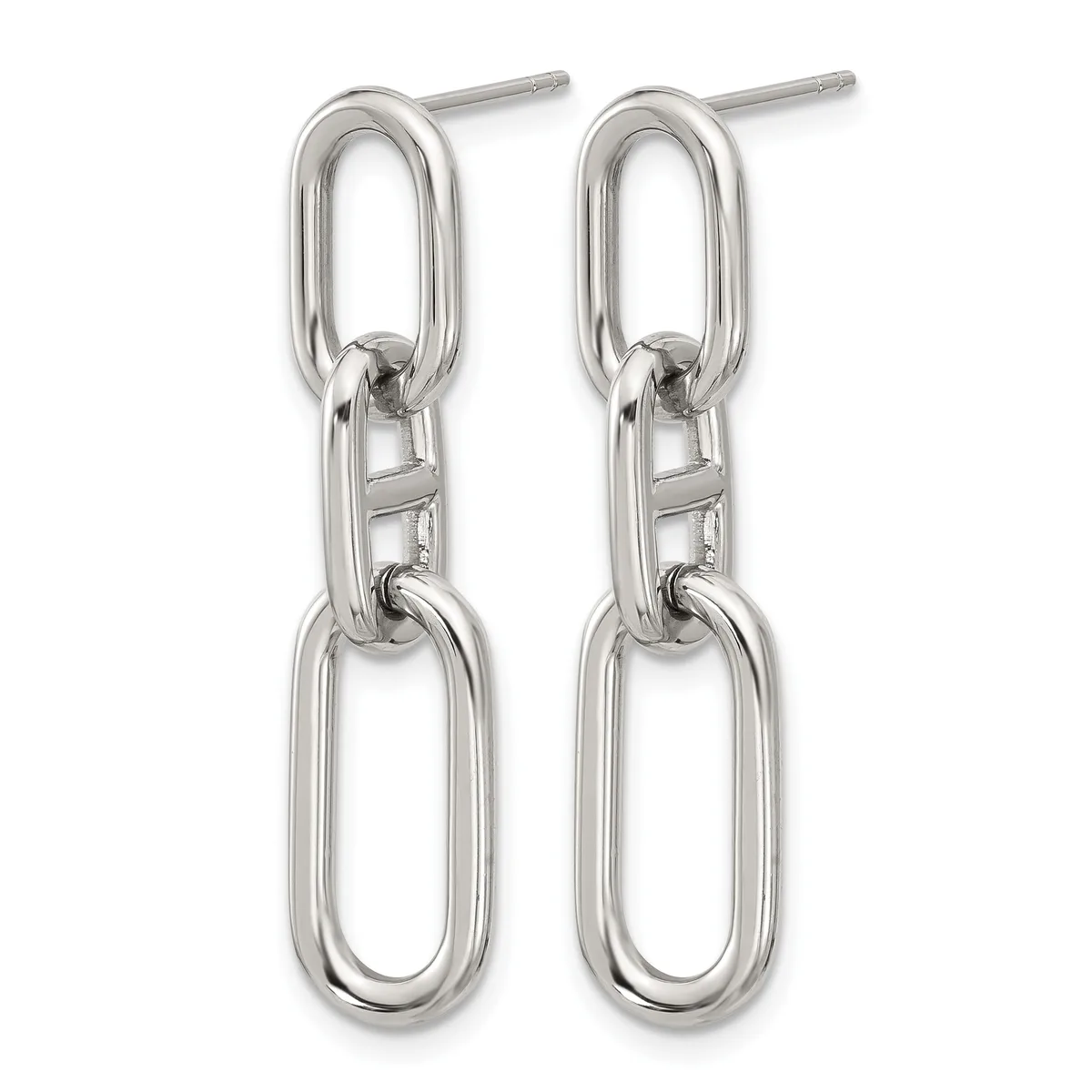 A pair of silver-toned dangle earrings consisting of two connected oval links on post backs, shown against a white background.