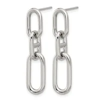 A pair of silver-toned dangle earrings consisting of two connected oval links on post backs, shown against a white background.