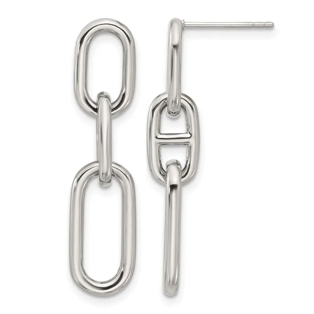 Pair of sterling silver dangle earrings with connected oval link chain design, shown from front and side views.