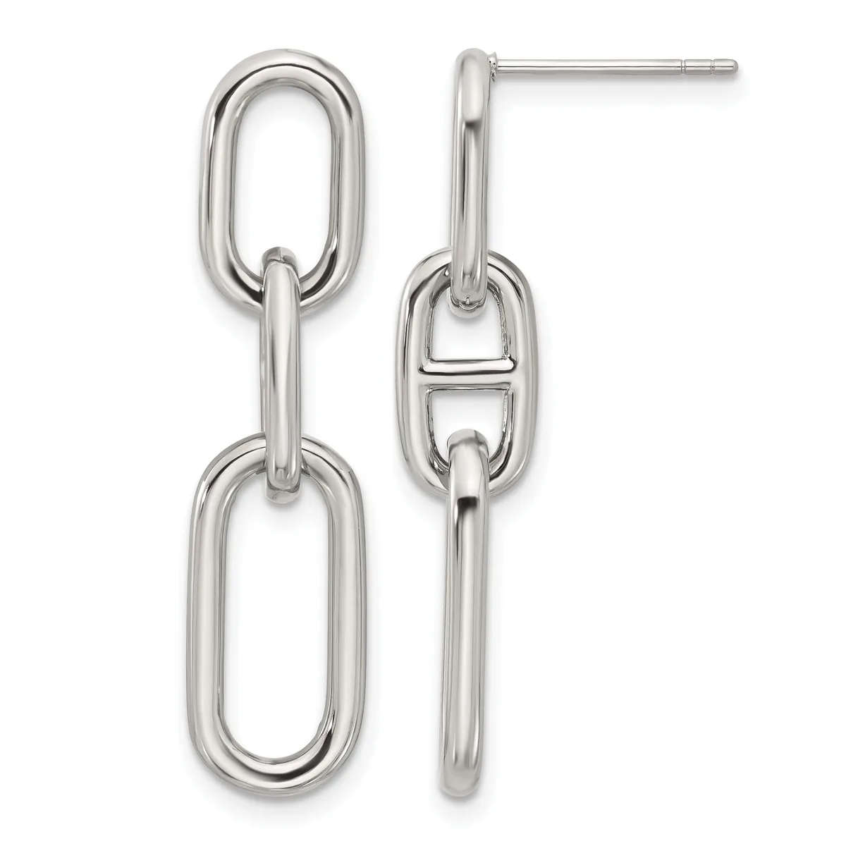 Pair of sterling silver dangle earrings with connected oval link chain design, shown from front and side views.