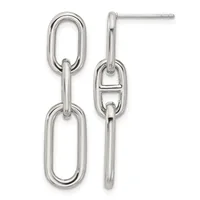 Pair of sterling silver dangle earrings with connected oval link chain design, shown from front and side views.