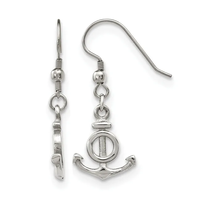Pair of silver-toned dangle earrings with fish hook wires, featuring anchor charms with circular center details, displayed against a white background.