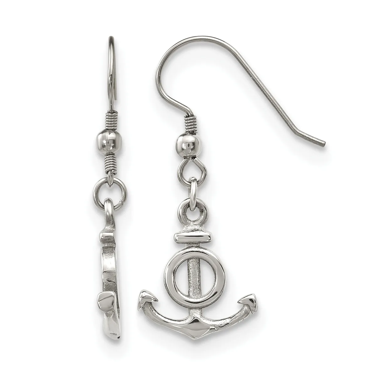 Pair of silver-toned dangle earrings with fish hook wires, featuring anchor charms with circular center details, displayed against a white background.