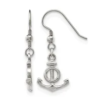 Pair of silver-toned dangle earrings with fish hook wires, featuring anchor charms with circular center details, displayed against a white background.