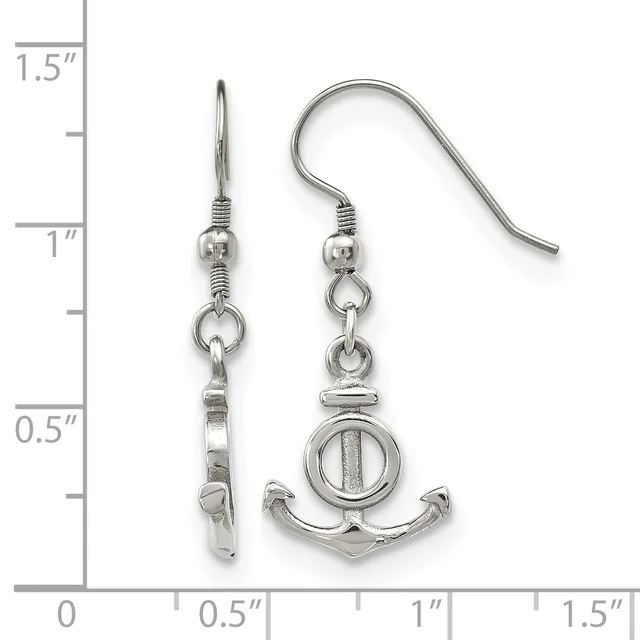 A pair of silver-toned dangle earrings featuring anchor charms with circular centers, displayed next to a measurement ruler showing approximately one inch in length.