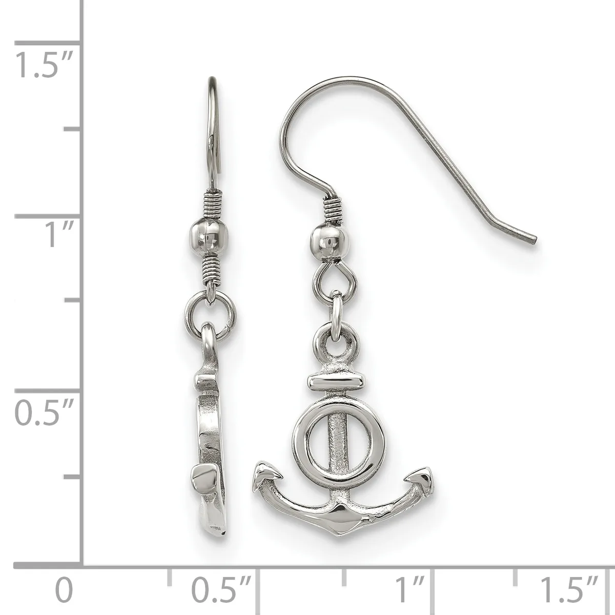 A pair of silver-toned dangle earrings featuring anchor charms with circular centers, displayed next to a measurement ruler showing approximately one inch in length.