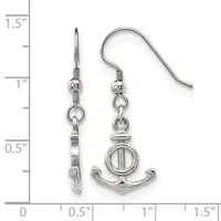 A pair of silver-toned dangle earrings featuring anchor charms with circular centers, displayed next to a measurement ruler showing approximately one inch in length.