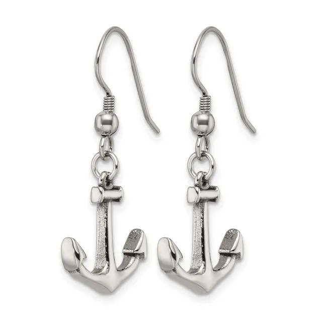 Pair of silver-tone anchor-shaped dangle earrings with fish hook ear wires and small ball connectors.