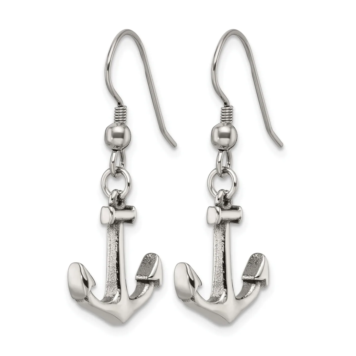 Pair of silver-tone anchor-shaped dangle earrings with fish hook ear wires and small ball connectors.