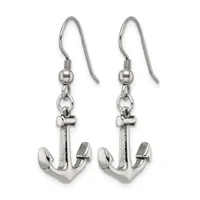 Pair of silver-tone anchor-shaped dangle earrings with fish hook ear wires and small ball connectors.