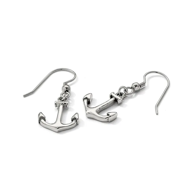 A pair of silver-toned anchor-shaped earrings with fish hook ear wires, displayed against a white background.