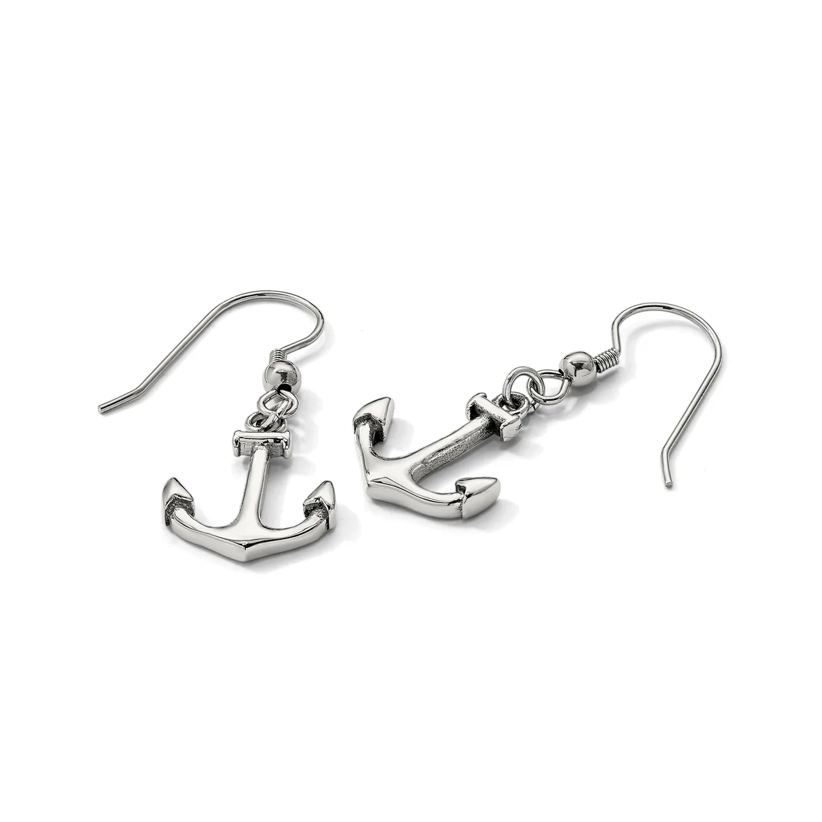 A pair of silver-toned anchor-shaped earrings with fish hook ear wires, displayed against a white background.