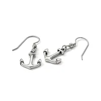 A pair of silver-toned anchor-shaped earrings with fish hook ear wires, displayed against a white background.