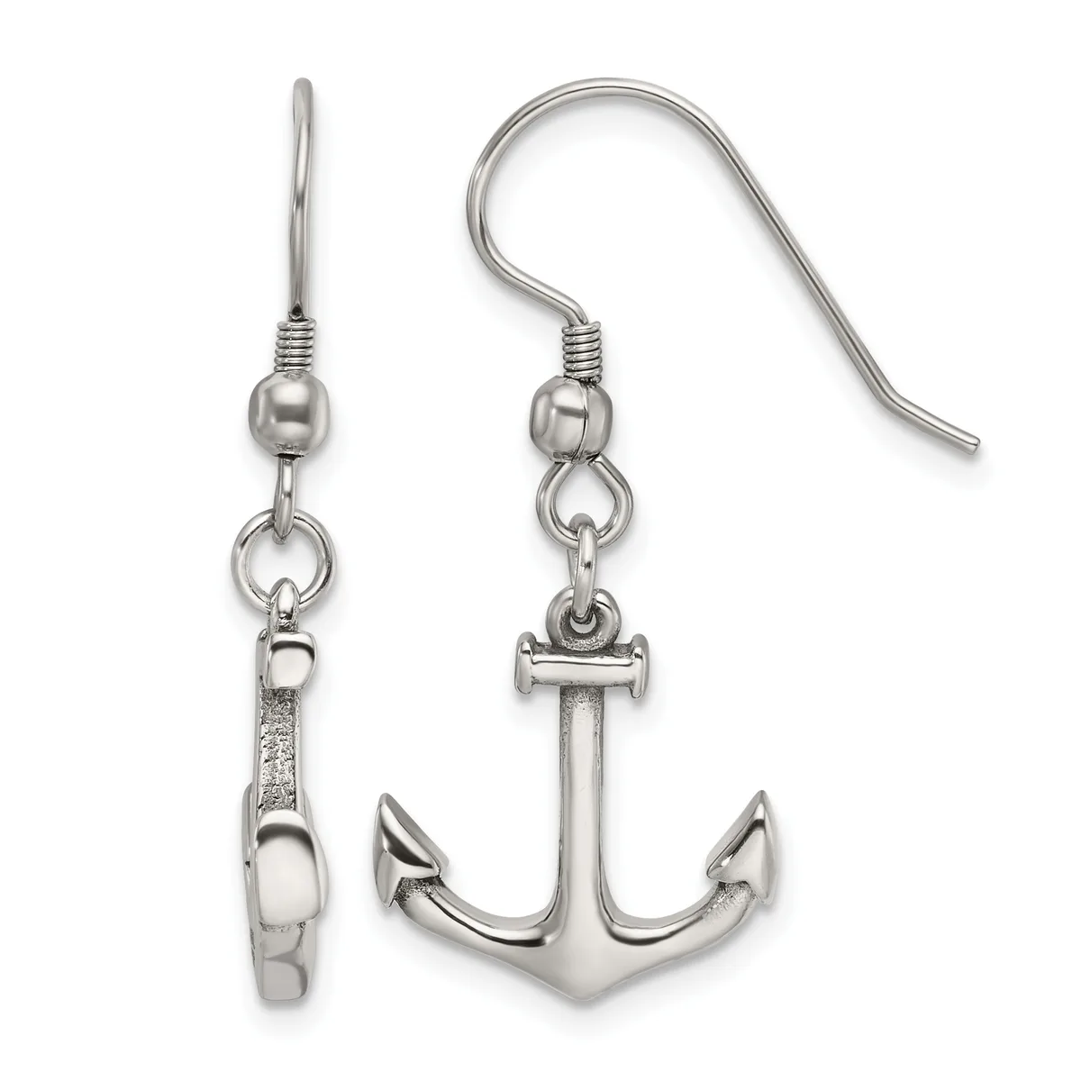 Pair of silver-toned dangle earrings with fish hook wires, one featuring an anchor charm and the other featuring a decorative clasp design.