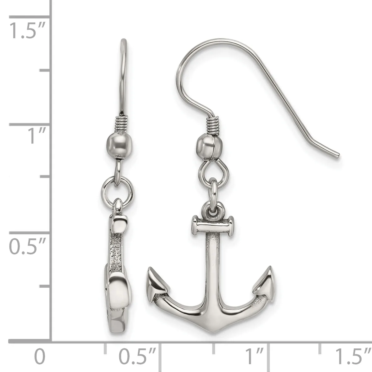 A pair of silver-toned earrings featuring anchor charms suspended from fish hook wires, displayed against a measurement scale showing approximately 1.25 inches in length.