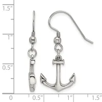 A pair of silver-toned earrings featuring anchor charms suspended from fish hook wires, displayed against a measurement scale showing approximately 1.25 inches in length.