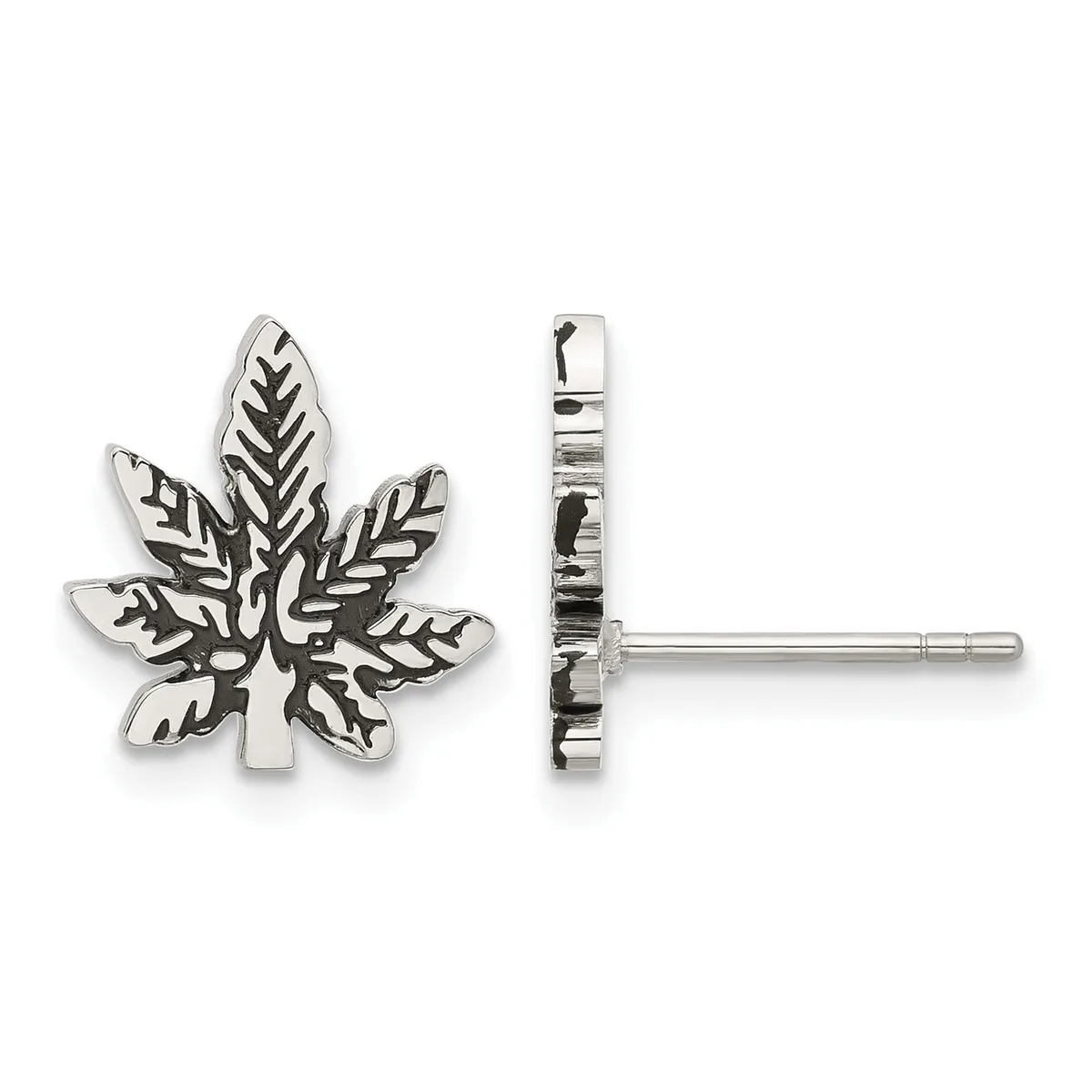 Pair of silver stud earrings shaped like maple leaves with detailed vein patterns, shown from front and back views.
