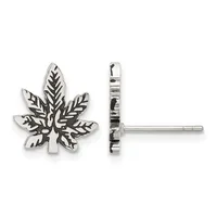 Pair of silver stud earrings shaped like maple leaves with detailed vein patterns, shown from front and back views.