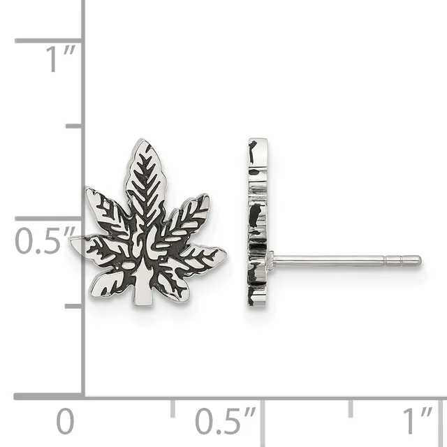 Silver maple leaf stud earrings shown front and back view next to a ruler measuring approximately 0.5 inches wide.