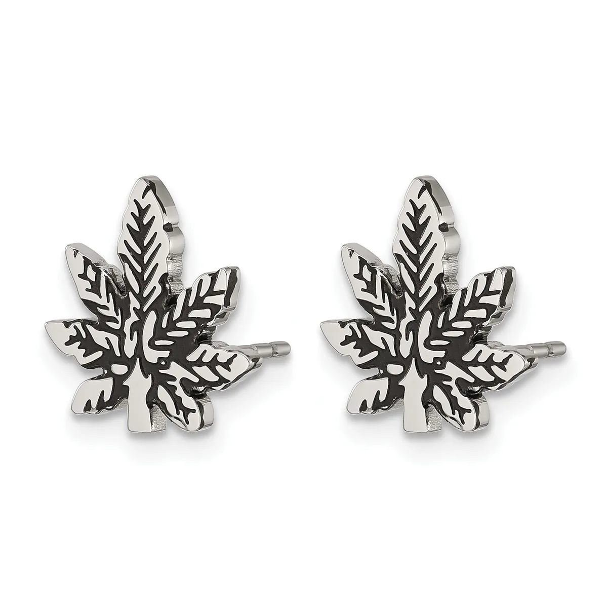 Pair of silver maple leaf stud earrings with oxidized detailing on the veins, shown from the front.