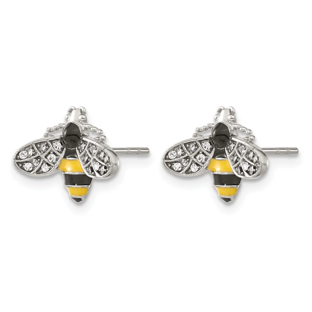 A pair of bee-shaped stud earrings with silver-toned filigree wings, black enamel bodies, and yellow enamel abdomens, shown from the front.
