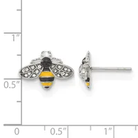 Bee-shaped stud earrings with black and yellow enamel body, crystal-set wings, and silver-tone metal, shown front and side view against a measurement scale.
