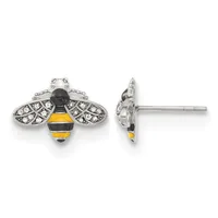 Pair of bee-shaped stud earrings with black and yellow enamel bodies, rhinestone-studded silver-tone wings, and post backs shown from front and side views.