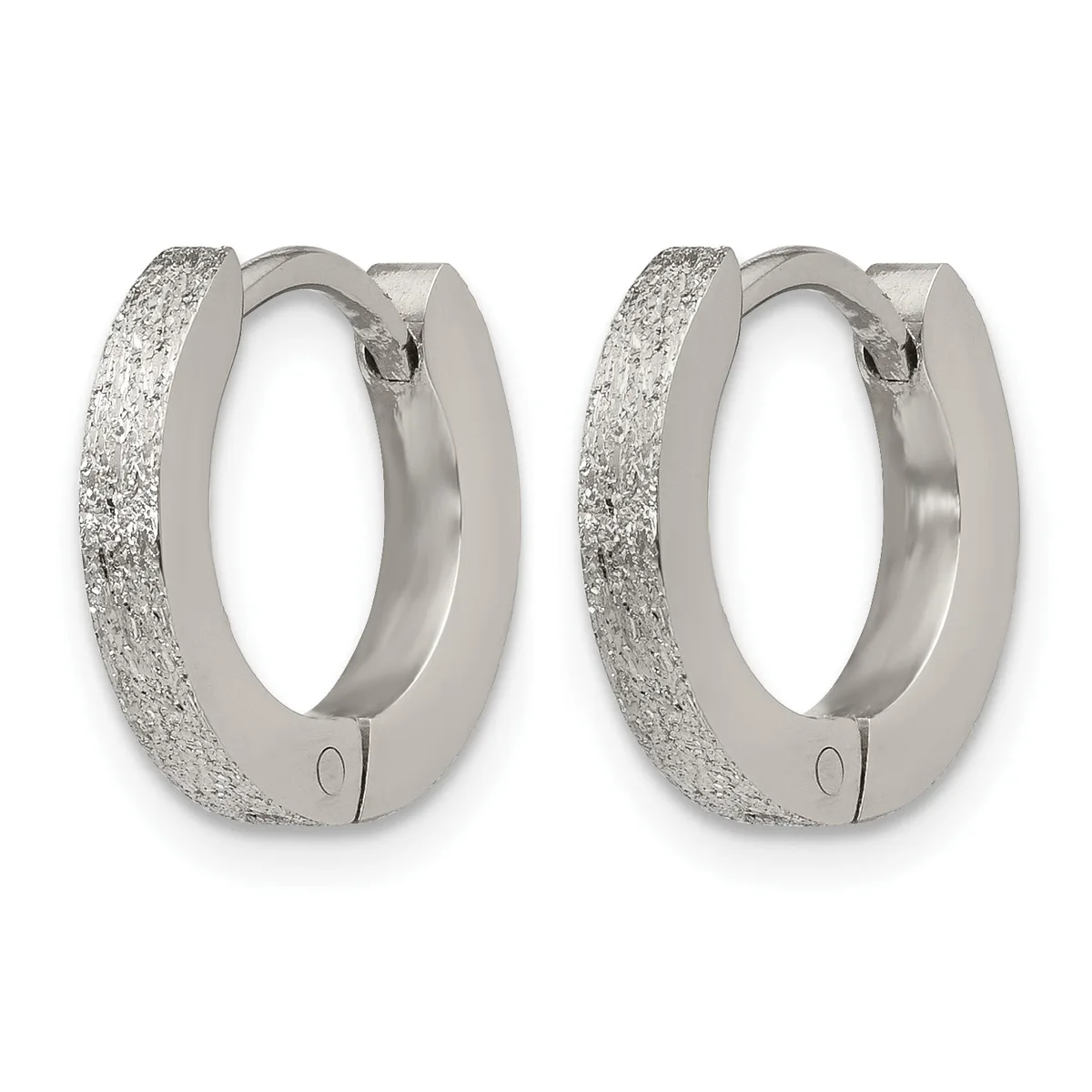 Pair of silver hoop earrings with a textured glitter finish on the outer surface and polished inner surface, shown from the front.
