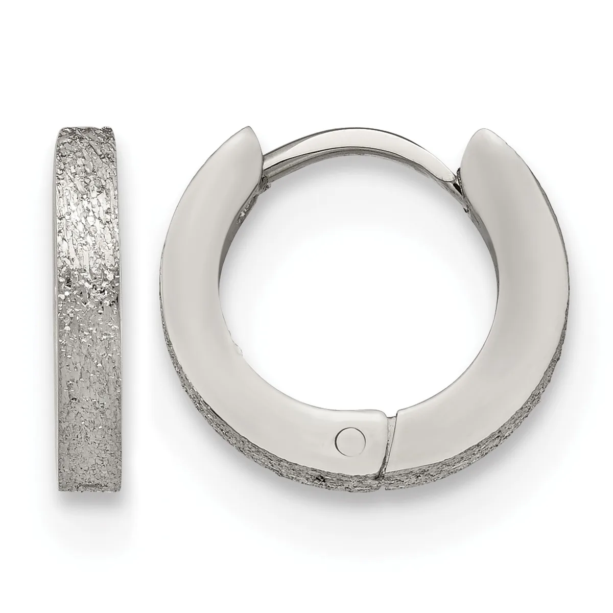 A pair of textured silver huggie hoop earrings shown from the front and side, displaying a brushed or hammered finish surface.