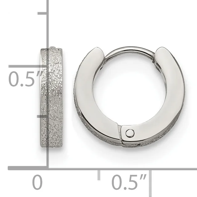 A pair of textured silver hoop earrings with a measurement scale showing they are approximately 0.5 inches in diameter.