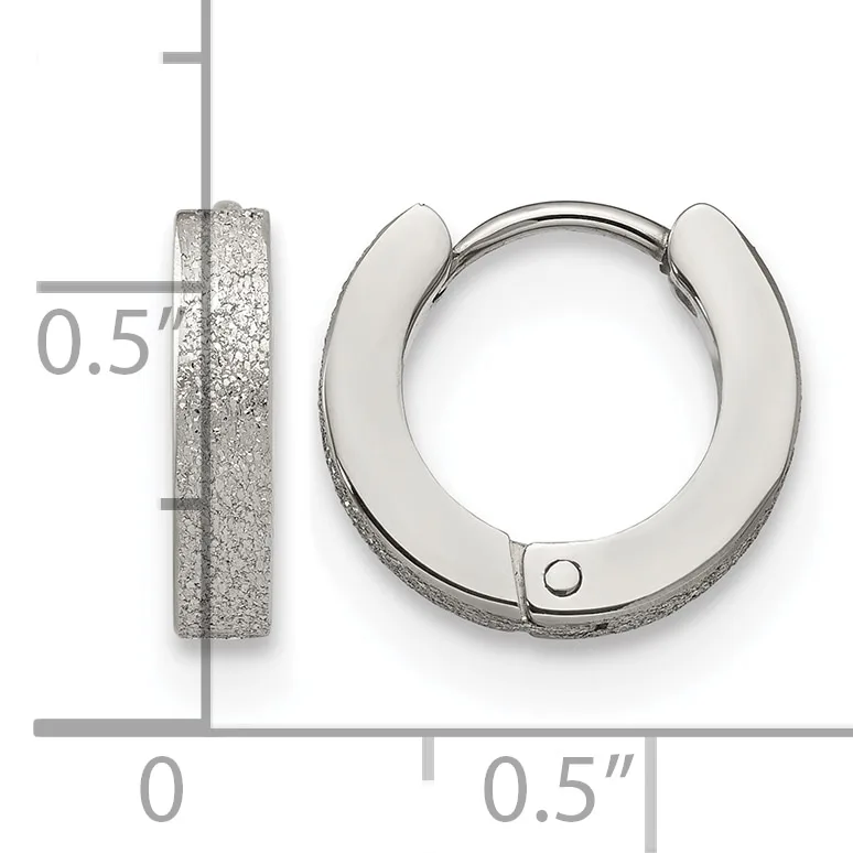 A pair of textured silver hoop earrings with a measurement scale showing they are approximately 0.5 inches in diameter.