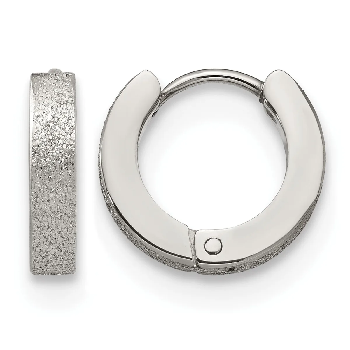 A pair of textured silver huggie hoop earrings shown from the front and side, featuring a sparkly sandblasted finish and a small hinged closure.