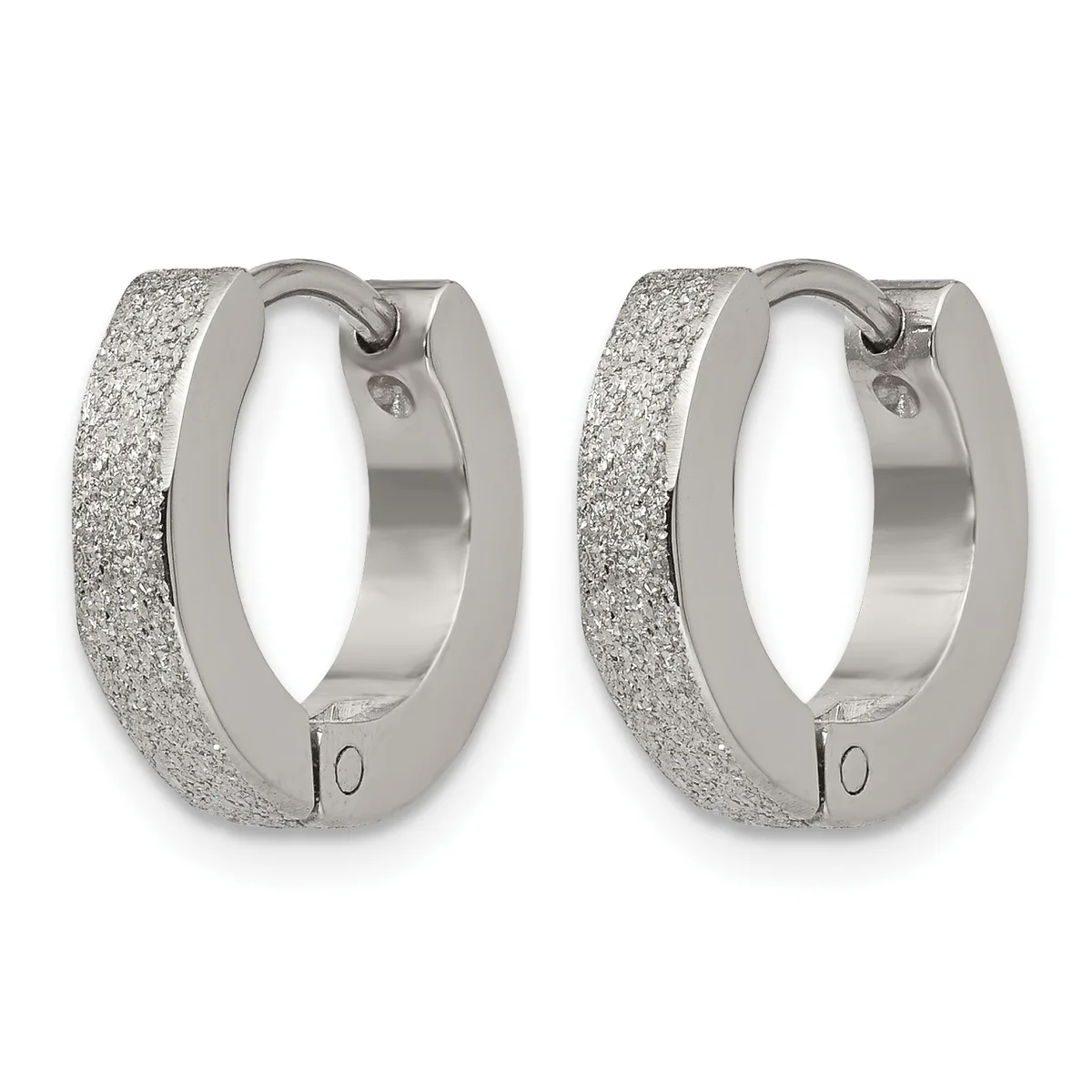 A pair of silver-toned textured hoop earrings with a frosted finish and hinged closures, shown from the front.
