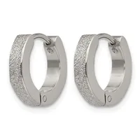 A pair of silver-toned textured hoop earrings with a frosted finish and hinged closures, shown from the front.