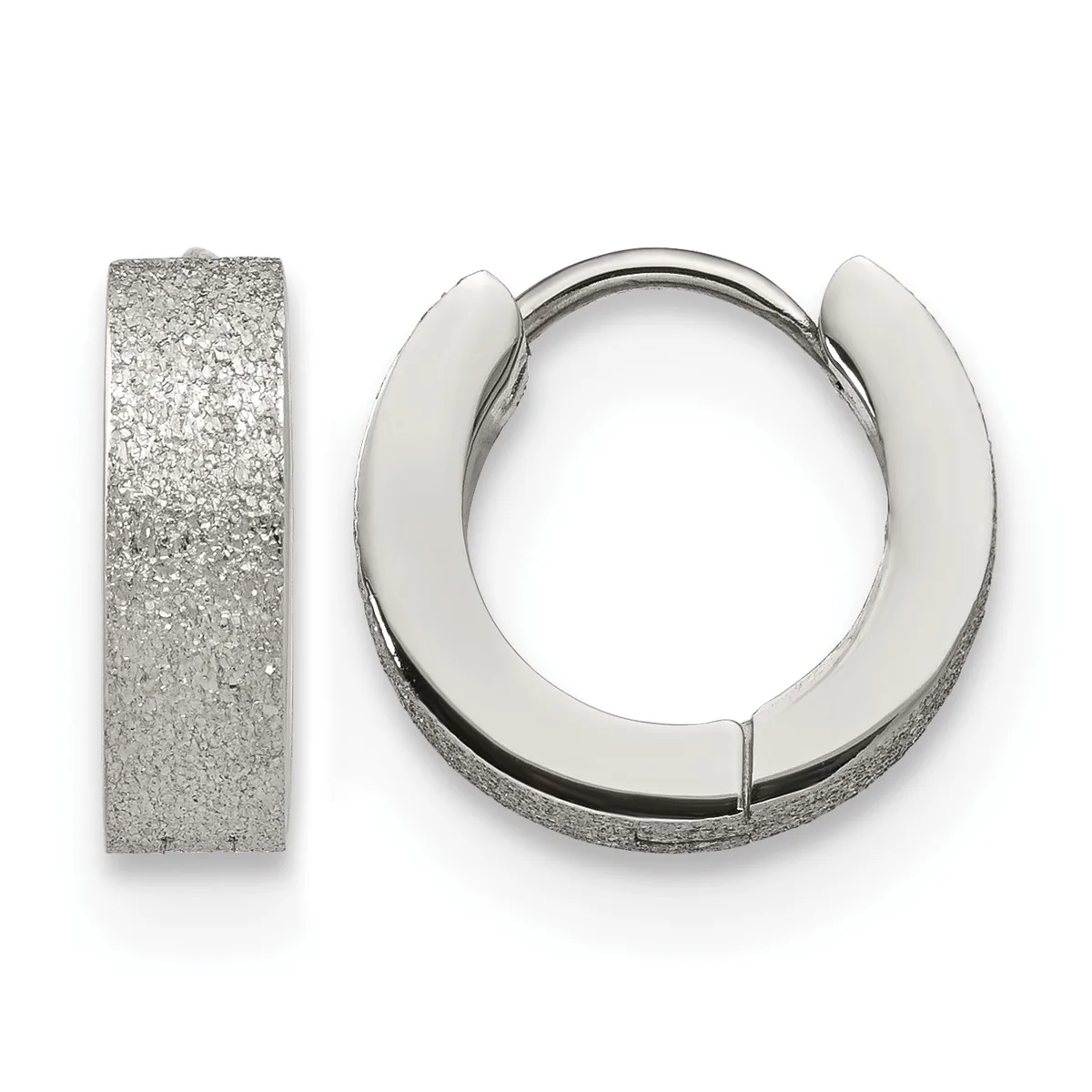 Pair of silver huggie hoop earrings with a textured frosted finish shown from the front and side view against a white background.