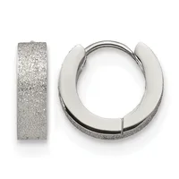 Pair of silver huggie hoop earrings with a textured frosted finish shown from the front and side view against a white background.