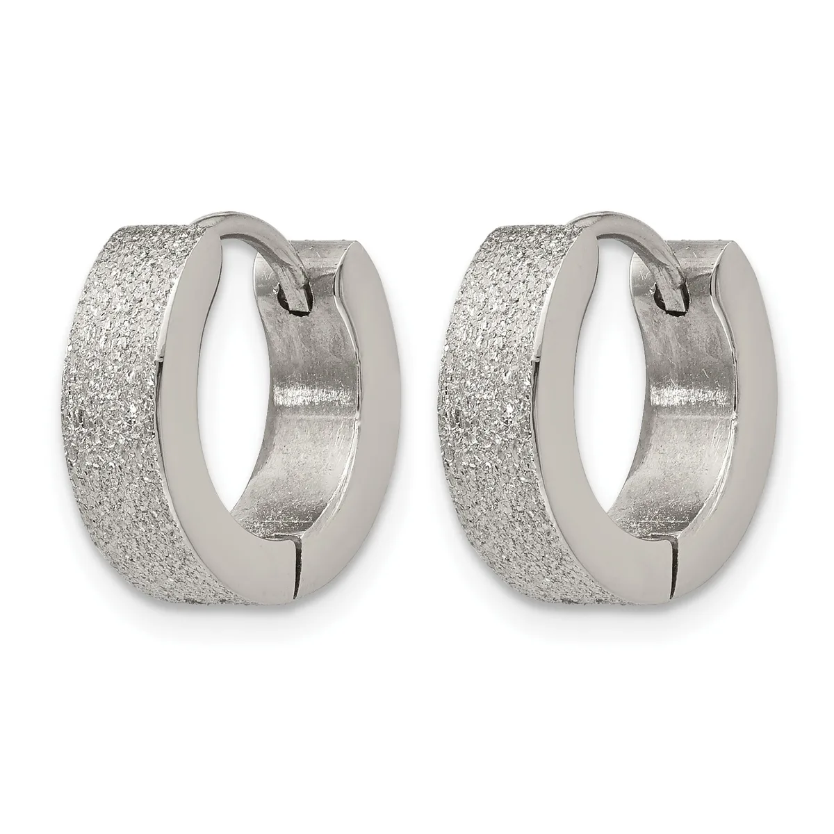 A pair of silver textured chunky hoop earrings with a frosted finish and hinged closures, shown from the front.