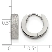 Pair of textured silver hoop earrings with a half-inch width, shown front and side view against a measurement grid.
