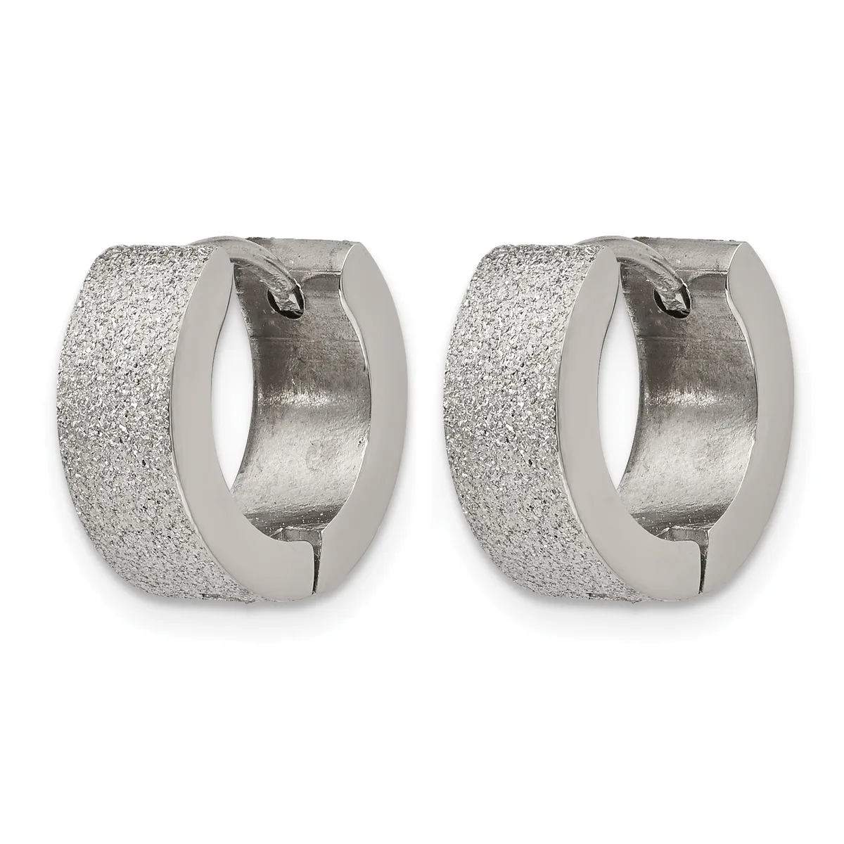 A pair of silver-toned chunky hoop earrings with a textured frosted finish and hinged closures, shown from the front.