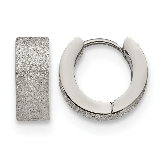 Two silver textured hoop earrings with a frosted finish displayed against a white background, shown from the front and side view.