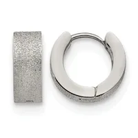 Two silver textured hoop earrings with a frosted finish displayed against a white background, shown from the front and side view.