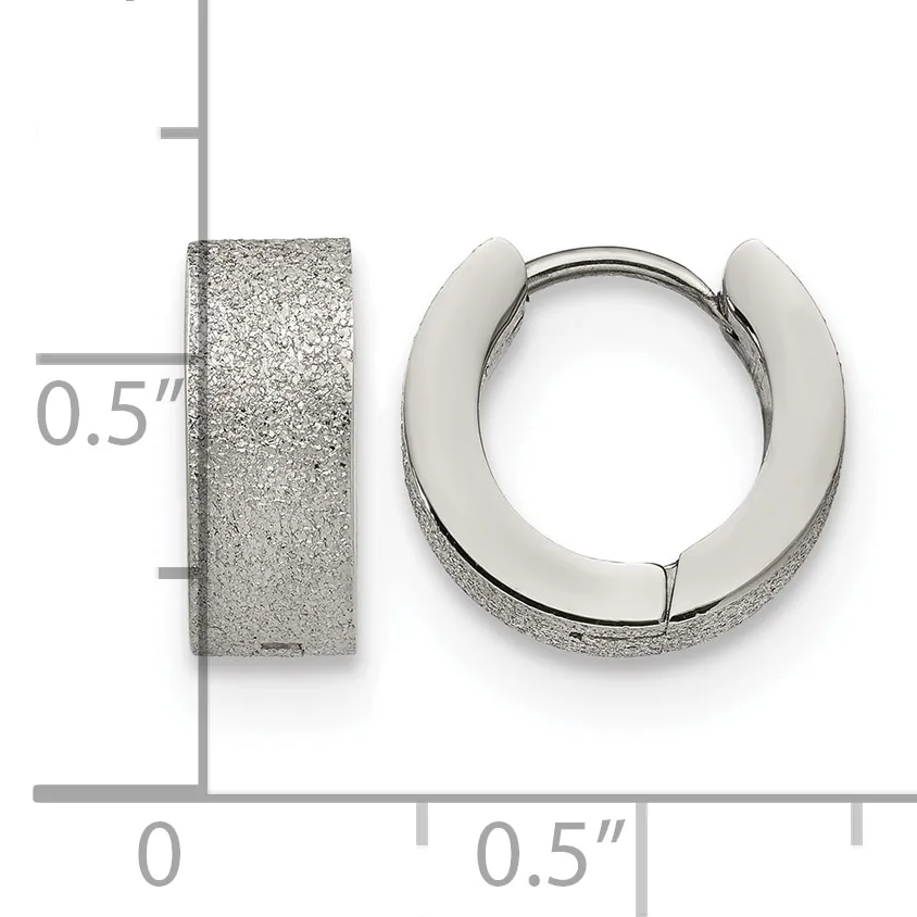 Two silver-toned stainless steel hoop earrings with a textured frosted finish, displayed next to a measurement scale showing 0.5 inch width.