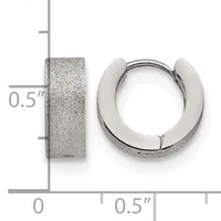 Two silver-toned stainless steel hoop earrings with a textured frosted finish, displayed next to a measurement scale showing 0.5 inch width.