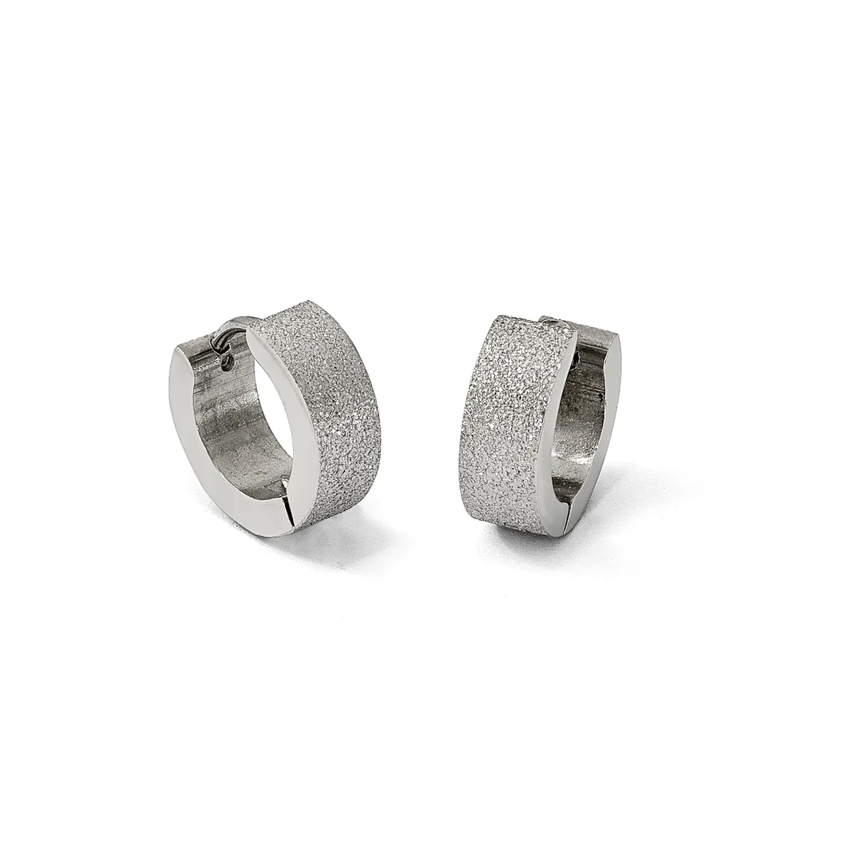 A pair of textured silver huggie hoop earrings with a frosted finish shown from two angles against a white background.