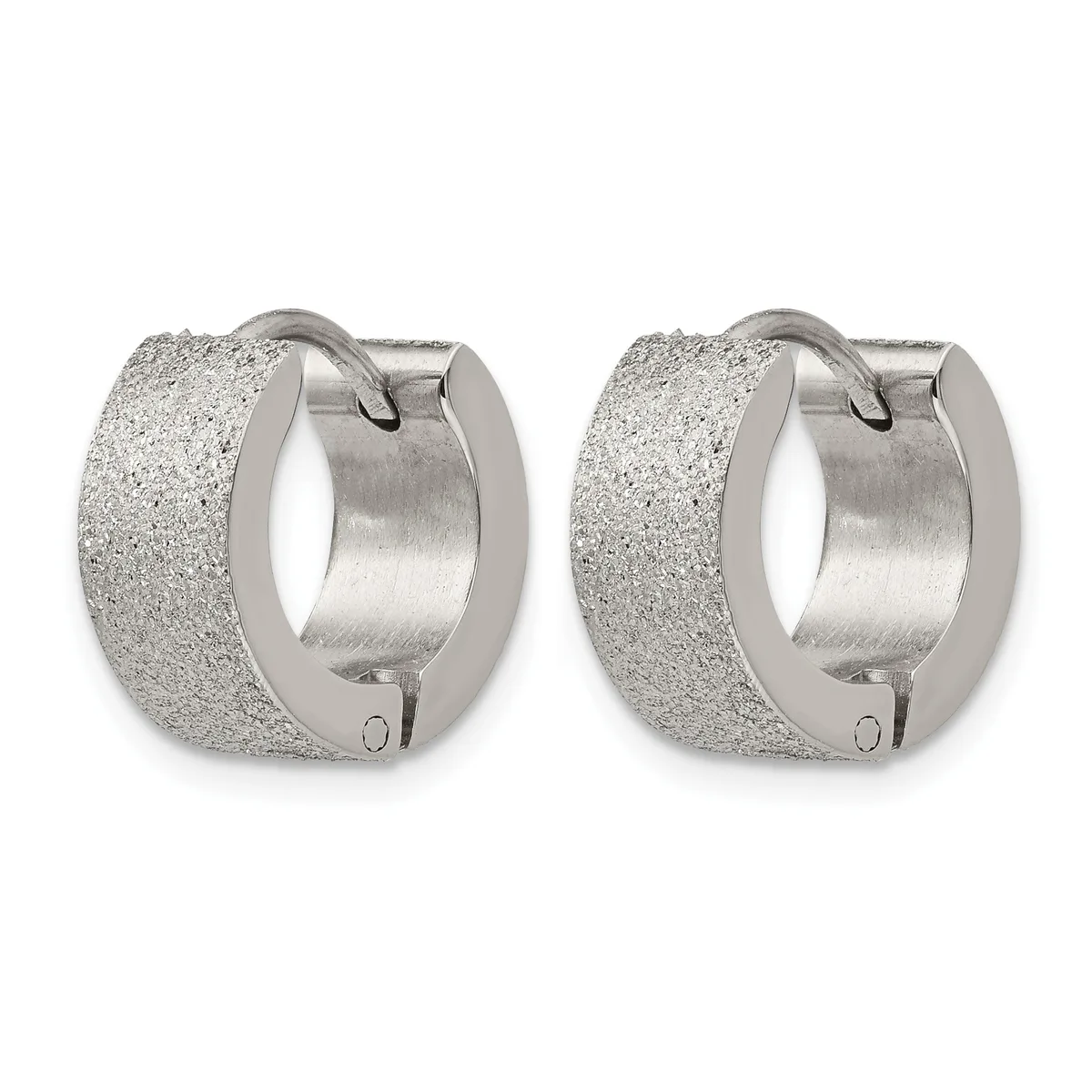 A pair of silver-toned chunky hoop earrings with a textured frosted finish and hinged closures, shown from the front.