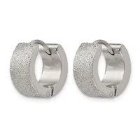 A pair of silver-toned chunky hoop earrings with a textured frosted finish and hinged closures, shown from the front.